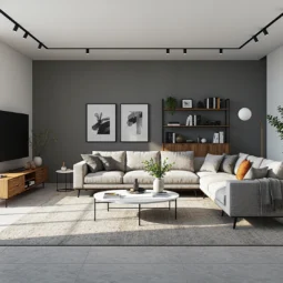 Narożna sofa szara z poduszkami i szafka RTV dąb naturalny