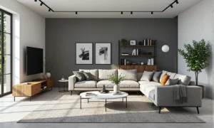 Narożna sofa szara z poduszkami i szafka RTV dąb naturalny