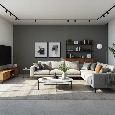 Narożna sofa szara z poduszkami i szafka RTV dąb naturalny