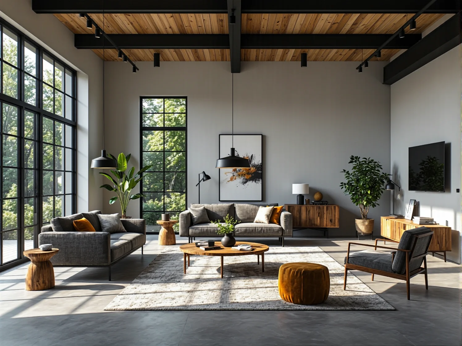 Nowoczesne meble industrialne do przedpokoju z wykorzystaniem metalu i drewna.