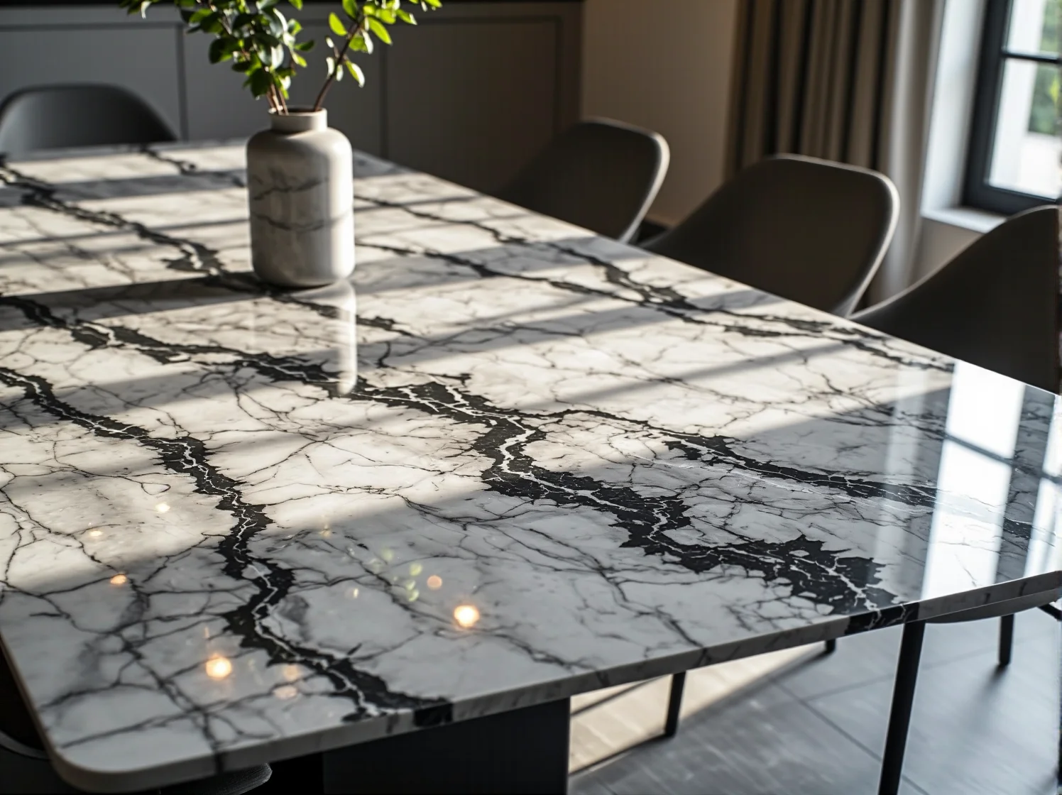 Minimalistyczne oświetlenie wiszące w jadalni z marmurowymi elementami wykończenia.