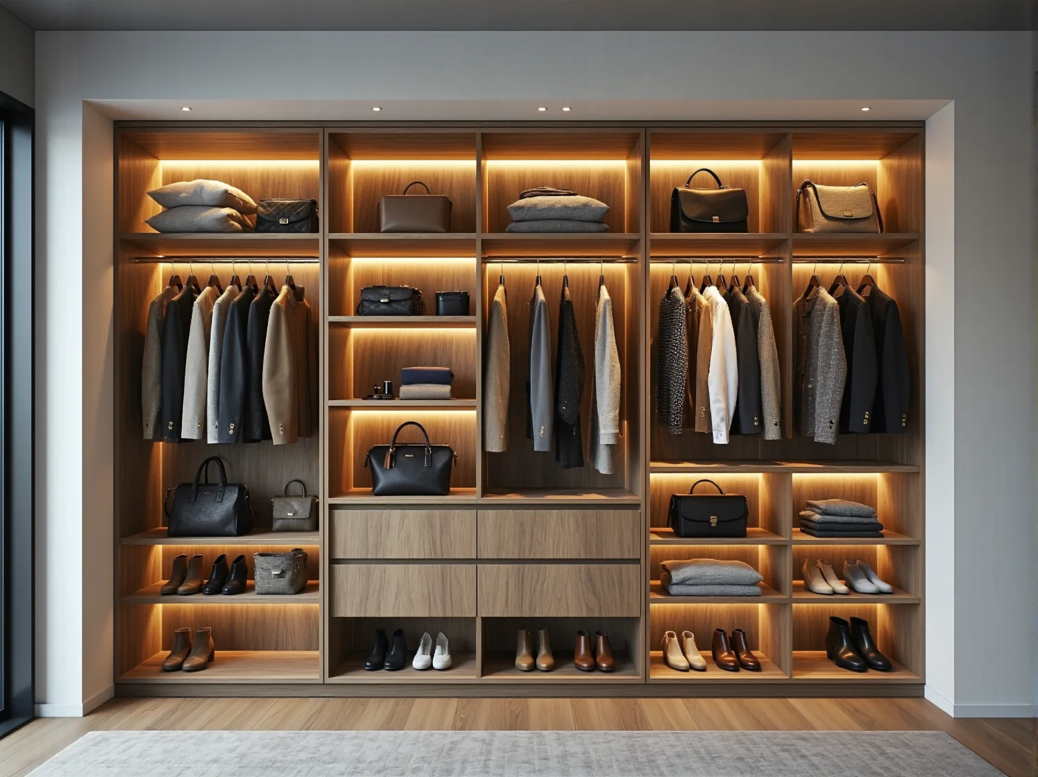 Klimatyczne oświetlenie meblowe zintegrowane z witryną w salonie tworzące nowoczesną atmosferę wnętrza.