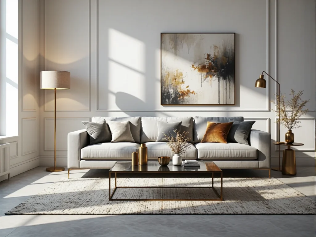 Elegancka sofa trzyosobowa szara ze złotymi dodatkami glamour