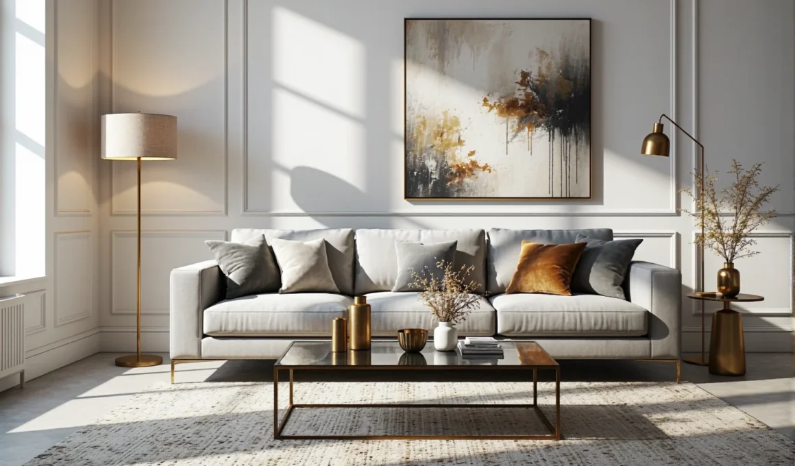 Elegancka sofa trzyosobowa szara ze złotymi dodatkami glamour