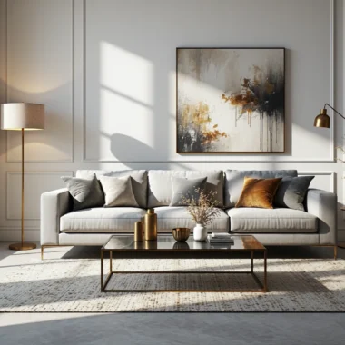 Elegancka sofa trzyosobowa szara ze złotymi dodatkami glamour