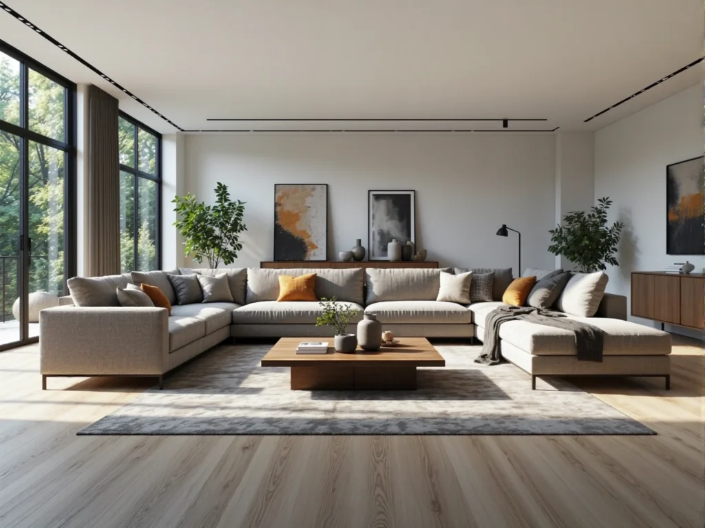 Nowoczesny narożnik tapicerowany beżowy z szezlongiem i poduszkami