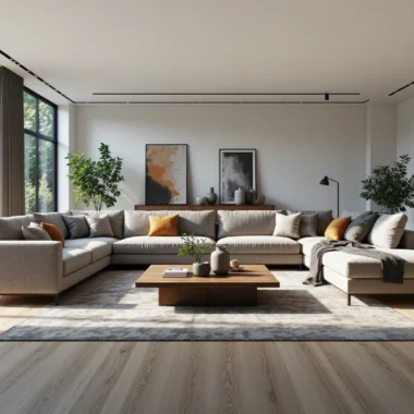 Nowoczesny narożnik tapicerowany beżowy z szezlongiem i poduszkami