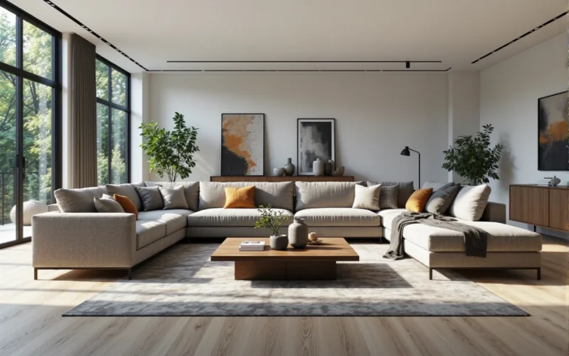 Nowoczesny narożnik tapicerowany beżowy z szezlongiem i poduszkami