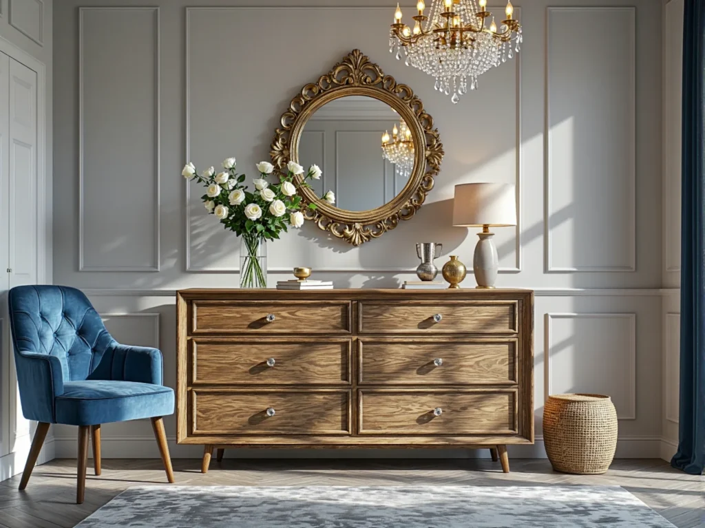 Elegancka komoda dębowa z sześcioma szufladami i kryształowymi uchwytami