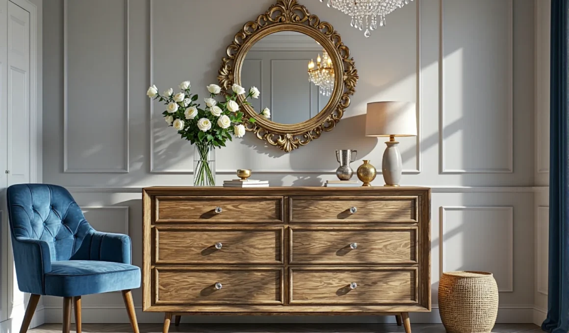 Elegancka komoda dębowa z sześcioma szufladami i kryształowymi uchwytami