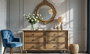 Elegancka komoda dębowa z sześcioma szufladami i kryształowymi uchwytami