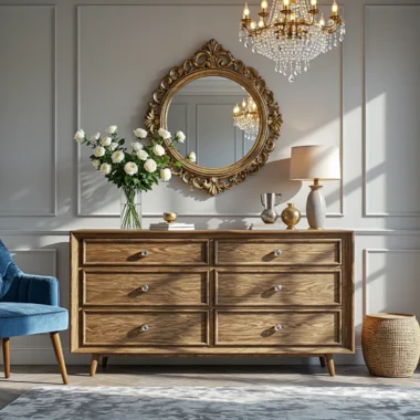 Elegancka komoda dębowa z sześcioma szufladami i kryształowymi uchwytami