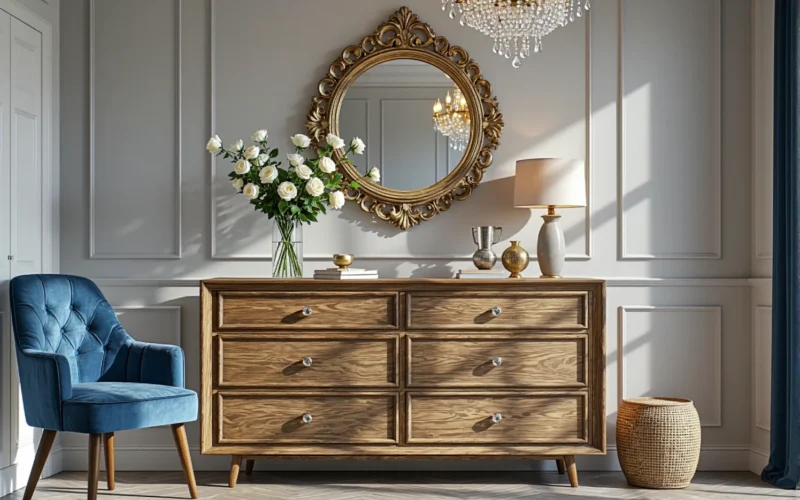 Elegancka komoda dębowa z sześcioma szufladami i kryształowymi uchwytami