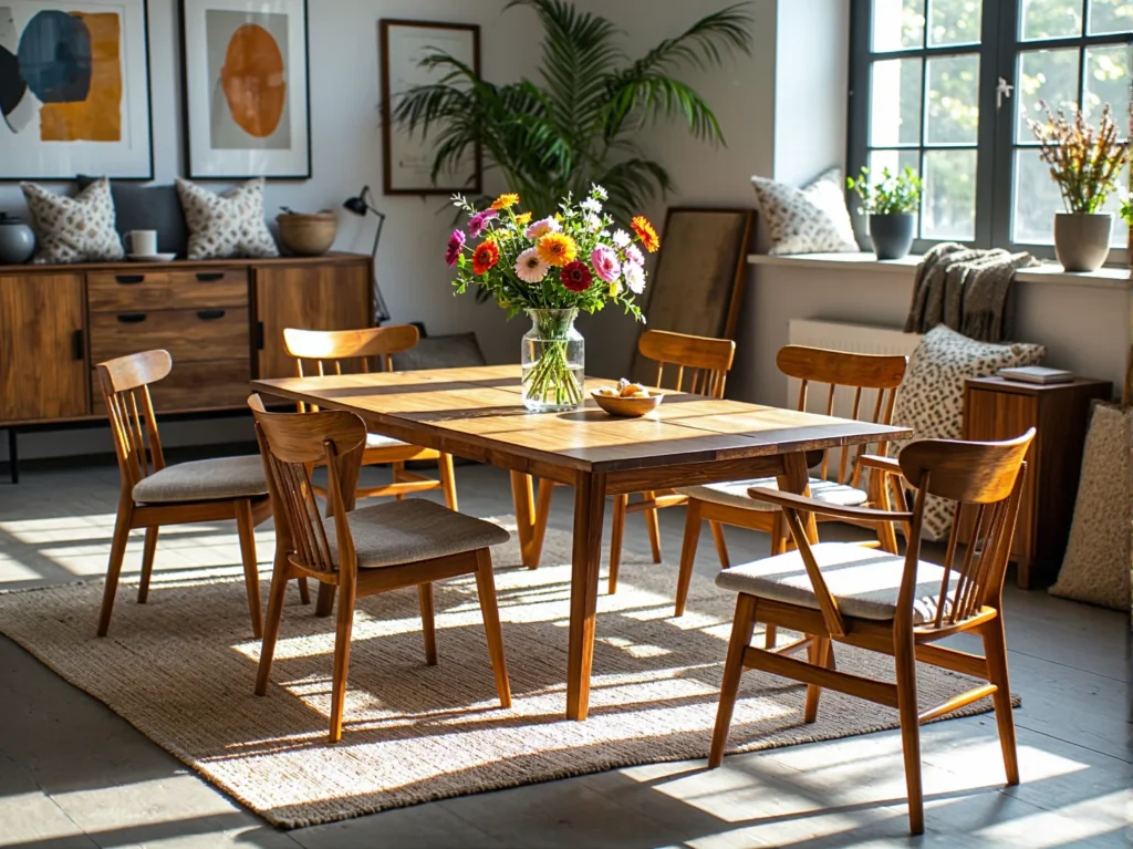 Drewniany stół jadalniany z krzesłami w ciepłym kolorze orzech