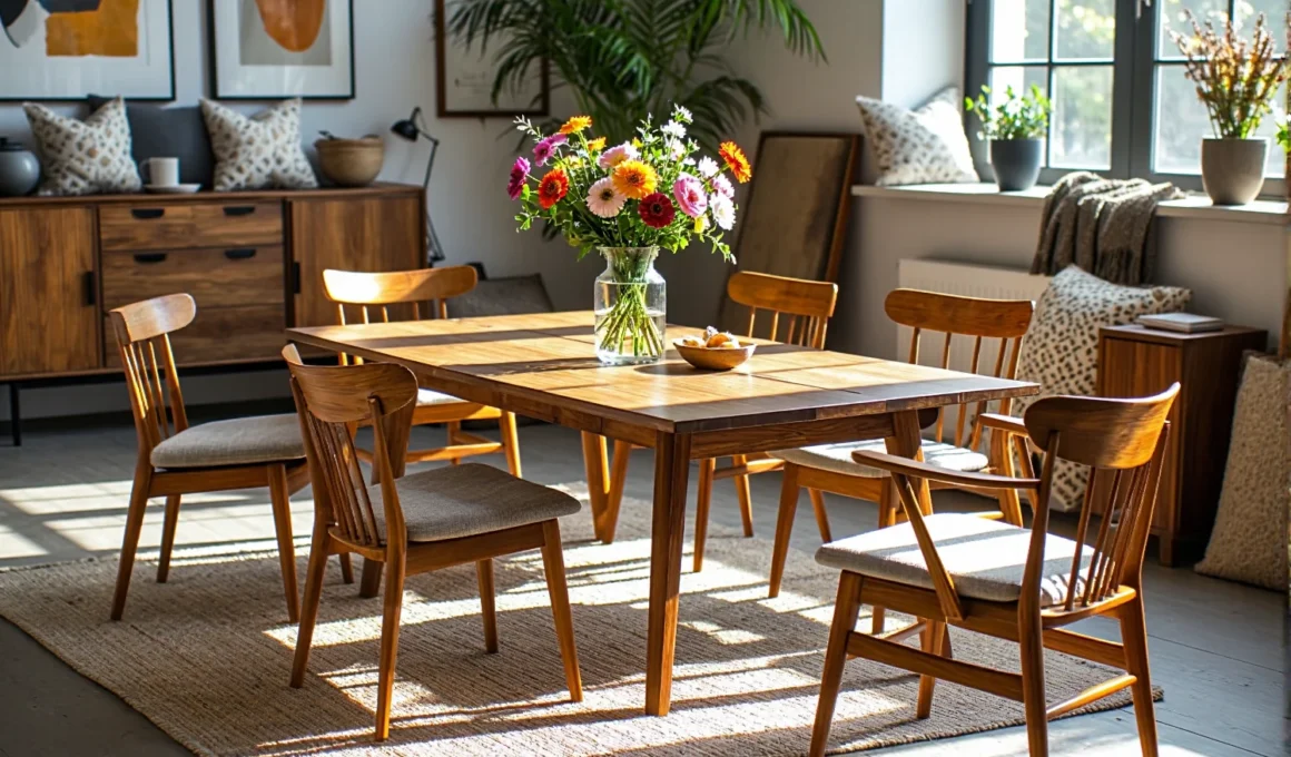Drewniany stół jadalniany z krzesłami w ciepłym kolorze orzech