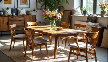 Drewniany stół jadalniany z krzesłami w ciepłym kolorze orzech