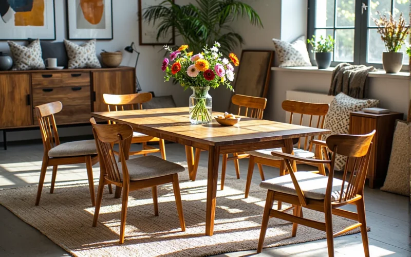 Drewniany stół jadalniany z krzesłami w ciepłym kolorze orzech