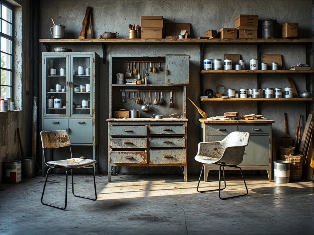 Metalowa szafka warsztatowa szara z szufladami i efektem rdzy