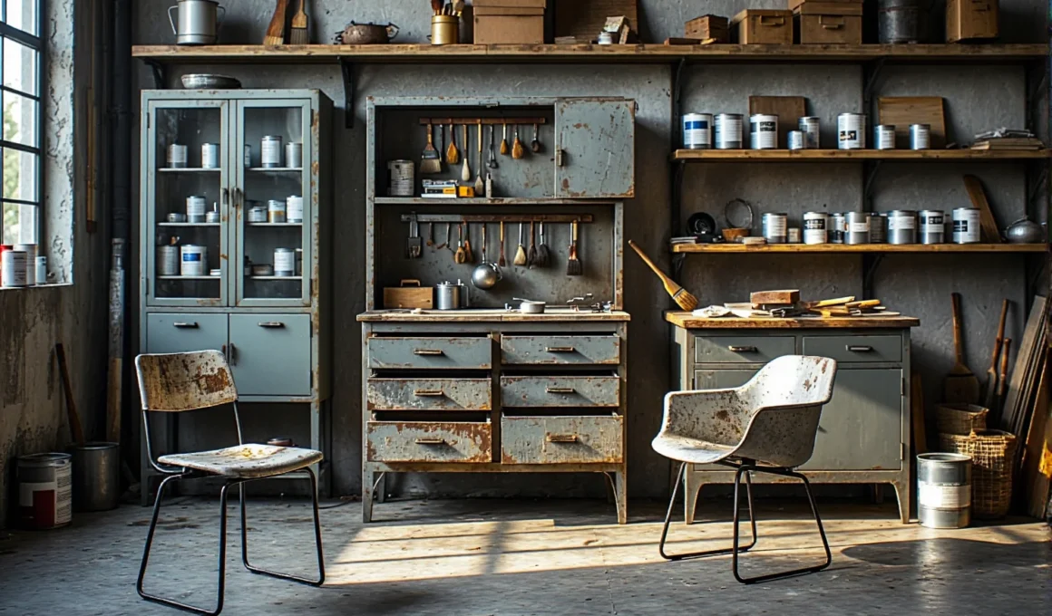 Metalowa szafka warsztatowa szara z szufladami i efektem rdzy