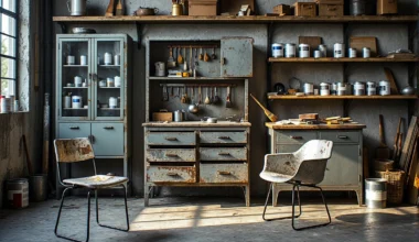 Metalowa szafka warsztatowa szara z szufladami i efektem rdzy