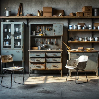 Metalowa szafka warsztatowa szara z szufladami i efektem rdzy