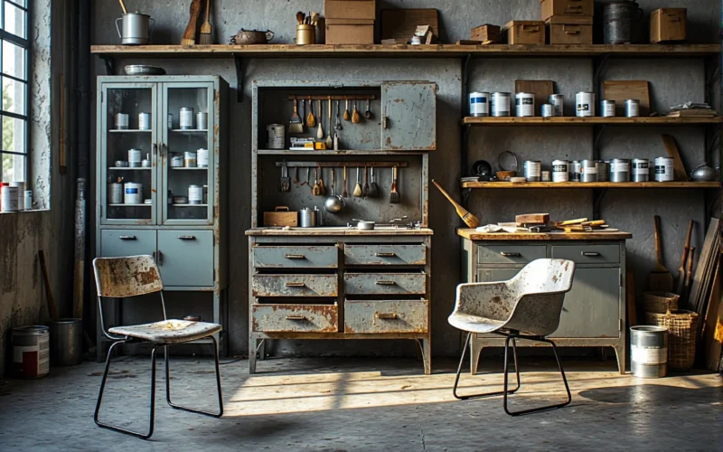 Metalowa szafka warsztatowa szara z szufladami i efektem rdzy