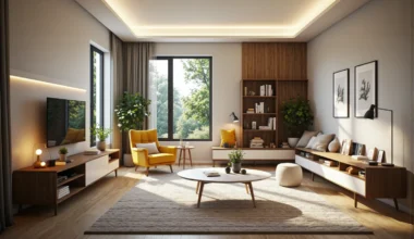 Szafka RTV biało-drewniana z półkami na drewnianych nóżkach