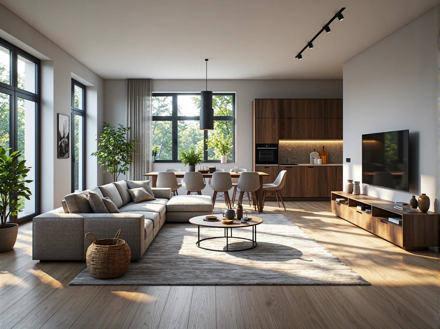 Spójne oświetlenie łączące kuchnię z jadalnią i salonem w nowoczesnym stylu.