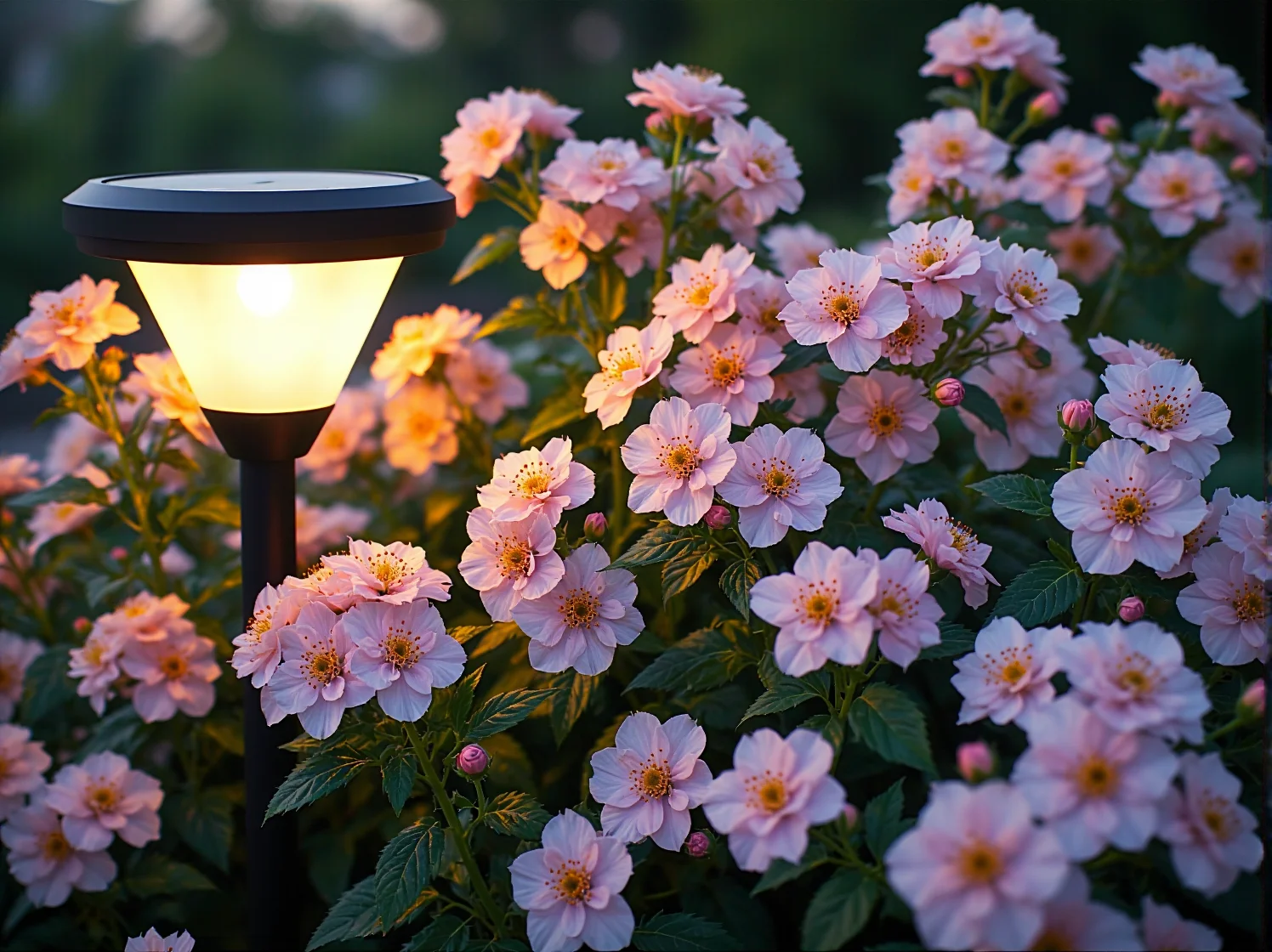 Ozdobne oświetlenie solarne wbite w ziemię na kwitnącej rabacie ogrodowej.