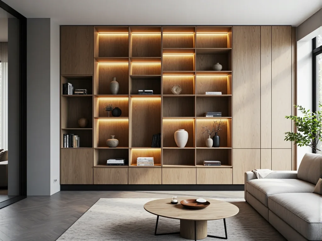 Meblościanka dąb naturalny z oświetleniem LED i otwartymi półkami