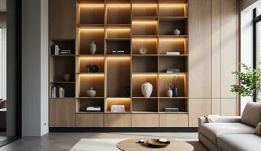 Meblościanka dąb naturalny z oświetleniem LED i otwartymi półkami