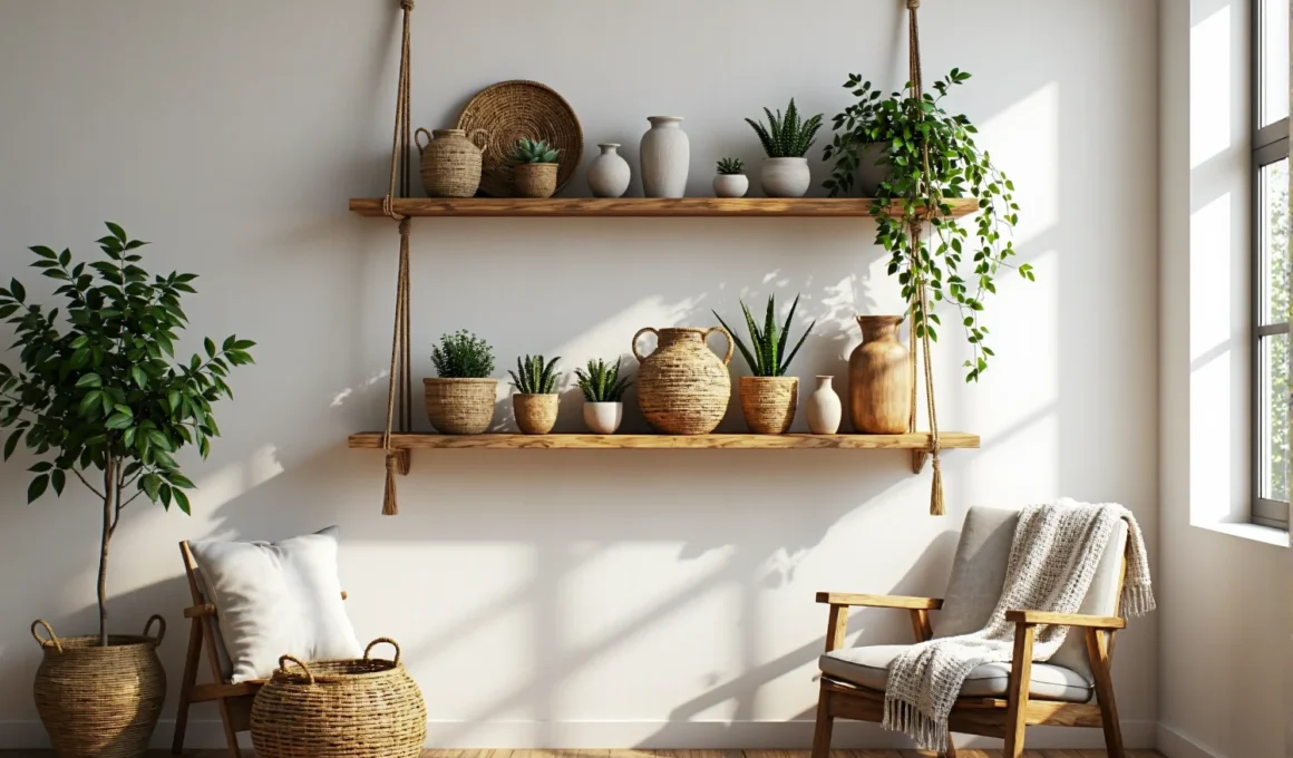 Wiszące półki drewniane na sznurach w stylu boho