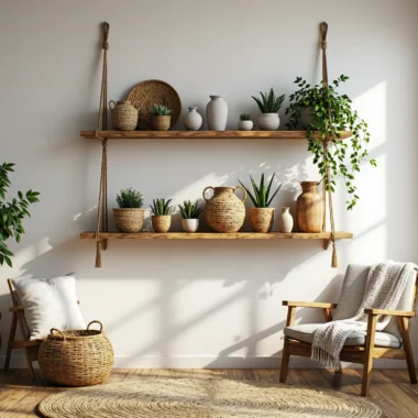 Wiszące półki drewniane na sznurach w stylu boho