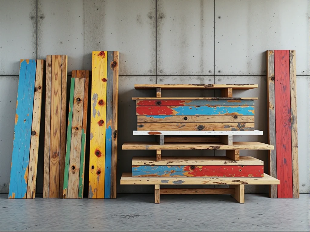 Półki z drewna z odzysku z resztkami kolorowej farby