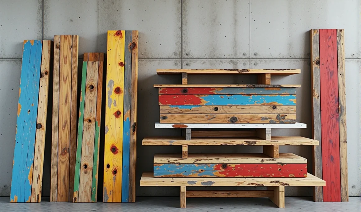 Półki z drewna z odzysku z resztkami kolorowej farby