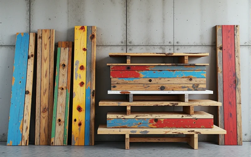 Półki z drewna z odzysku z resztkami kolorowej farby