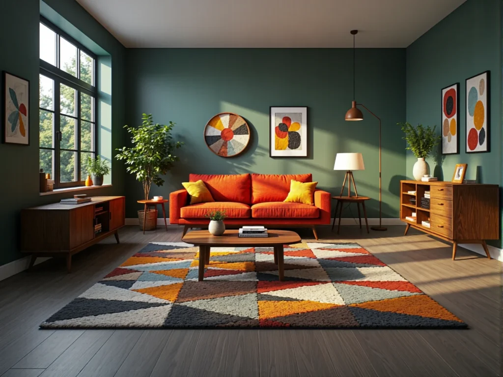 Pomarańczowa sofa dwuosobowa z żółtymi poduszkami na drewnianych nóżkach