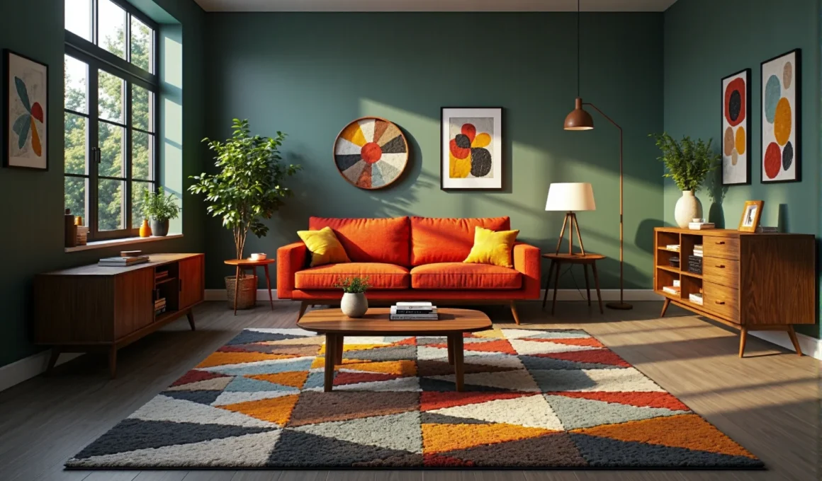 Pomarańczowa sofa dwuosobowa z żółtymi poduszkami na drewnianych nóżkach