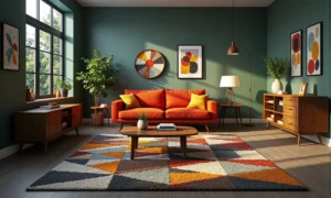 Pomarańczowa sofa dwuosobowa z żółtymi poduszkami na drewnianych nóżkach