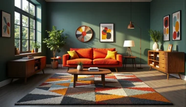 Pomarańczowa sofa dwuosobowa z żółtymi poduszkami na drewnianych nóżkach