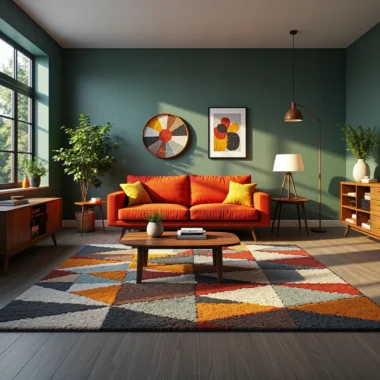 Pomarańczowa sofa dwuosobowa z żółtymi poduszkami na drewnianych nóżkach