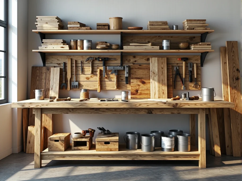 Drewniany stół warsztatowy z półką i ściennym systemem przechowywania