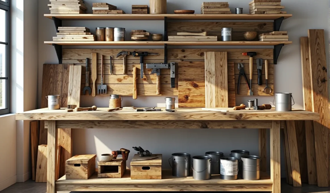 Drewniany stół warsztatowy z półką i ściennym systemem przechowywania