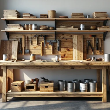 Drewniany stół warsztatowy z półką i ściennym systemem przechowywania