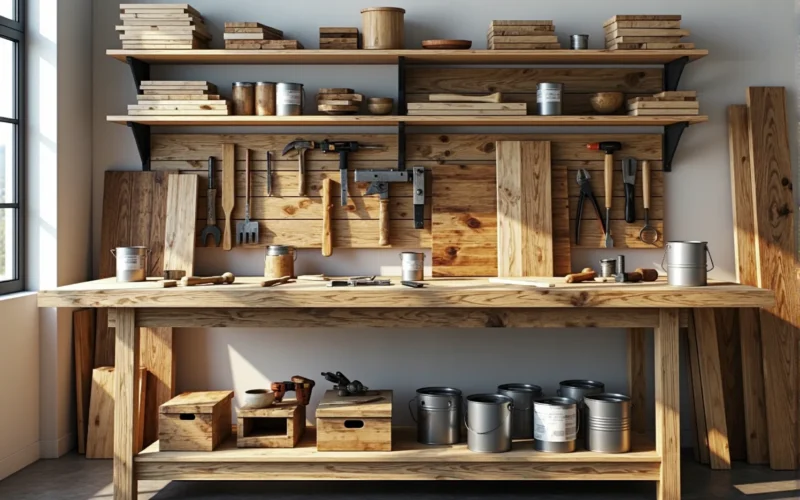 Drewniany stół warsztatowy z półką i ściennym systemem przechowywania