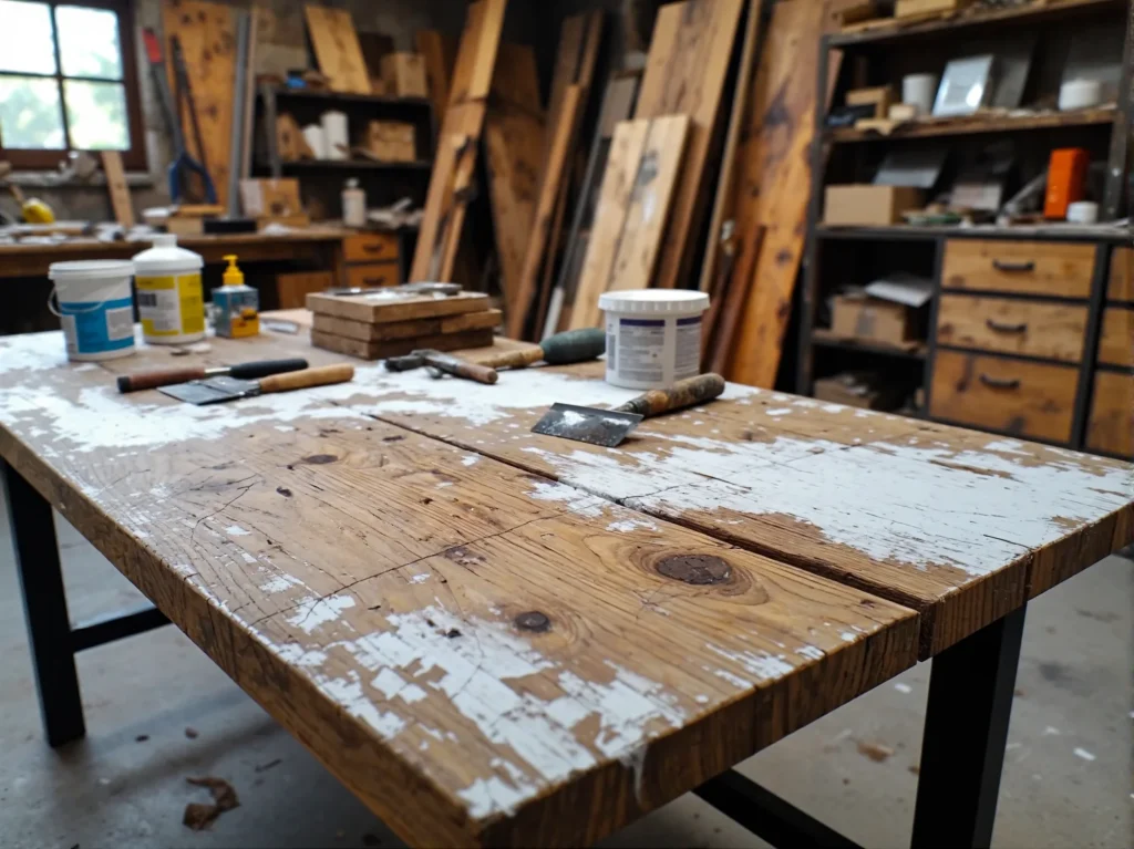 Drewniany stół warsztatowy z narzędziami do samodzielnego wykonania szafki nocnej