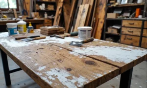 Drewniany stół warsztatowy z narzędziami do samodzielnego wykonania szafki nocnej