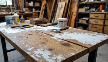 Drewniany stół warsztatowy z narzędziami do samodzielnego wykonania szafki nocnej