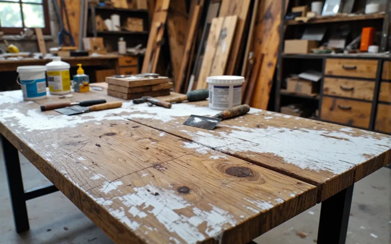 Drewniany stół warsztatowy z narzędziami do samodzielnego wykonania szafki nocnej