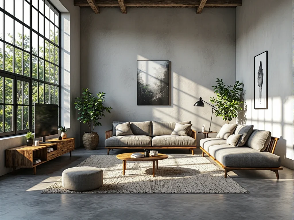 Zestaw wypoczynkowy szary z drewnianą ramą i stolikiem kawowym